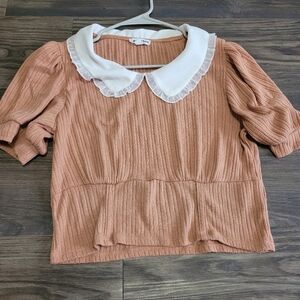 Lily Star Peter Pan Collar Crop Short Sleeve Top Size Large Brown Y2k
